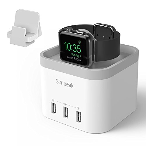 Simpeak 4 Port USB Charger Stand Dock for Apple Watch Series 1 2 3 4 [Nightstand Mode] -with Phone Holder Charger Stand for iPhone 5/6/7/8/XS MAX and Other Smartphone, Grey/White