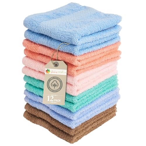 Luxurious Washcloths â€“ Set of 12 â€“ Size 13â€ x 13â€ â€“ Thick Loop Pile Washcloth â€“ Absorbent and Soft 100% Ring-Spun Cotton Wash Cloth â€“ Lint Free Face Towel â€“ Wash Cloths Perfect for Bathroom