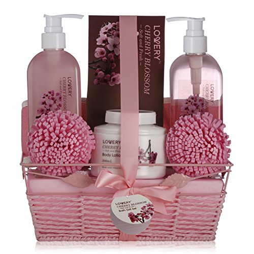 Birthday Gifts For Her, Spa Gift Basket in Cherry Blossom Fragrance - 8pc Bath Set with Shower Gel, Bubble Bath, Bath Salt, Lotion & More! Great Wedding, Anniversary or Graduation Gift for Women
