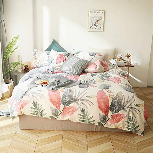 EnjoyBridal Flowers Bedding Sets Girls Pink Leaves Comforter Cover for Twin Size Kids Bed Cotton Duvet Cover Twin 3 PC Teens Quilt Cover Twin with 2 PC Pillow Shams Collection, No Comforter