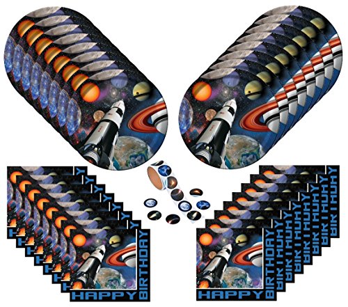 Solar System Outer Space Blast Happy Birthday Supplies Bundle Pack for 16 (Bonus 16 Planet Stars Stickers)