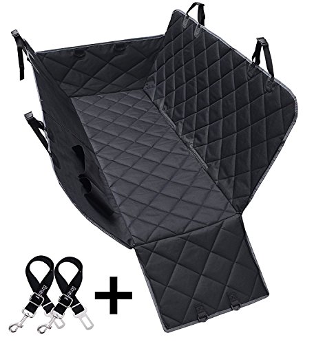 Dog Seat Covers, 600D Waterproof Pet Car Seat Covers with 2 Dog Seat Belts & Zipper & Pocket - Nonslip Back Seat Cover Cat Dog Hammock Convertible Extra Side Flaps Best for Cars Trucks Suvs