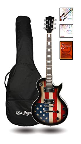 Book Cover Leo Jaymz Single Cut Curved Top Electric Guitar for Adult - with US Flag Graphic on Top - Grover Machine Heads Installed - Super Light String in 0.9 and Extra Set as Spare Parts