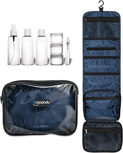 TRAVANDO Â® Hanging Toiletry Bag "FLEXI" + 7 TSA Approved Liquid Bottles - Travel Set for Men and Women - Toilet Kit for Cosmetics, Makeup - Organiser for Suitcase - Wash Bag with Containers