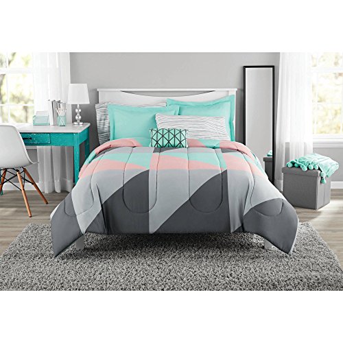 Book Cover Fun and Bold Mainstays Gray and Teal Bed in a Bag Modern Comforter Set, Geometric Triangle Print with Teal Blue Gray and Pink Coral, Great for Dorms and Kid's Rooms! (Full)