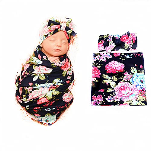 Book Cover Galabloomer Receiving Blanket Headband Set Flower Print Baby Swaddle Receiving Blanketsâ€¦ (Navy Blue Rose)
