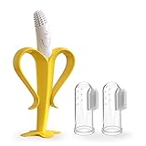 Baby Toothbrush and Banana Teether - 3 in Pack - SILIVO Silicone Baby Teething Toys and Finger Toothbrushes with Storage Case(1 Banana Teether+ 2 Finger Toothbrushes)
