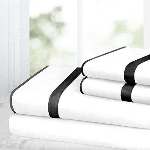 Book Cover Italian Luxury Bed Sheet Set â€“ 1500 Hotel Collection w/ Beautiful Satin Band Trim - Ultra Soft Wrinkle & Fade Resistant Microfiber, Hypoallergenic 4 Piece Set- Queen - White/Black