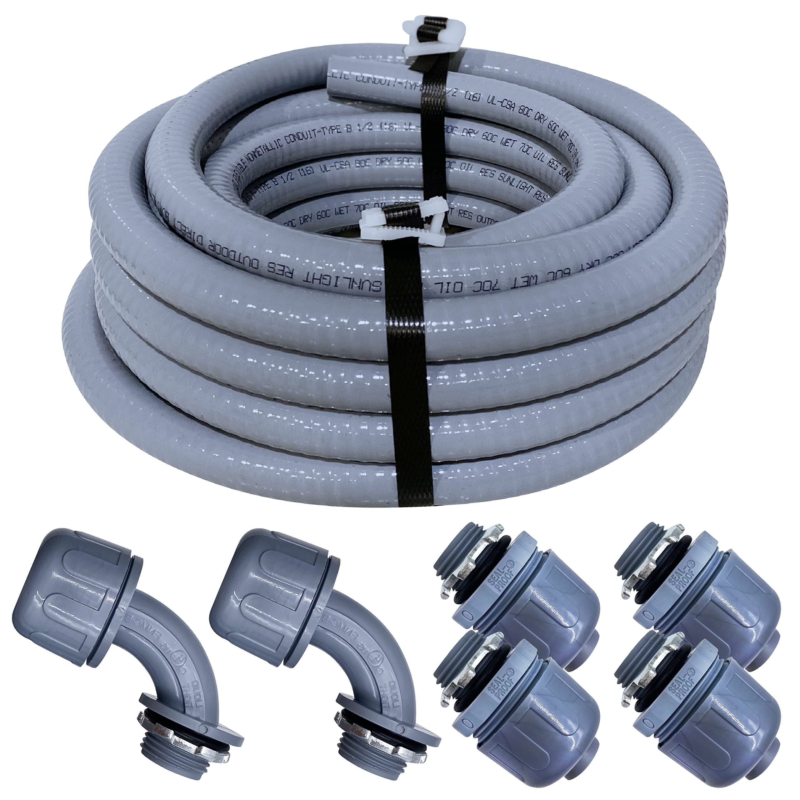 Book Cover Sealproof 1/2-Inch Non-Metallic Liquid-Tight Conduit and Connector Kit, 25 Foot Made in USA Flexible Electrical Conduit Type B with 4 Straight and 2 90-Degree Conduit Connector Fittings, 1/2
