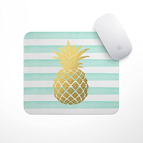 Mint Stripe Gold Metallic Pineapple - Gold Foil Pineapple Mouse Pad, Glitz Mouse Pad Mint and White Stripes Watercolor Mouse Pad Personalized Mouse Pad
