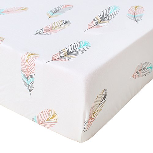 Book Cover LifeTree Soft Fitted Crib Sheet - Feather Print Premium Cotton Unisex Toddler Bed Sheets for Baby Girls or Baby Boys - Fits Standard Crib Mattress