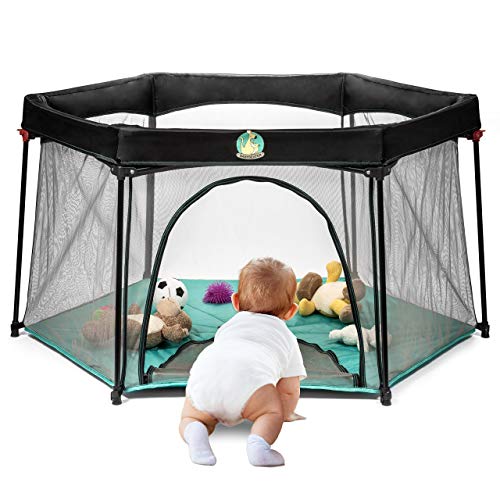 Portable Playard Play Pen for Infants and Babies - Lightweight Mesh Baby Playpen with Carrying Case - Easily Opens with 1 Hand (Turquoise)