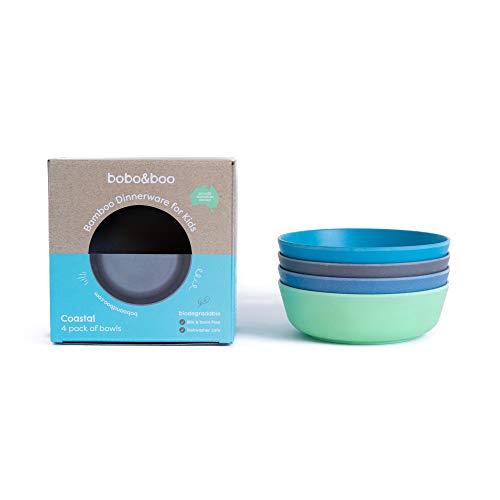 Book Cover Bobo&Boo Bamboo Kids Bowl | Set of 4 Eco Friendly Toddler Bowls for Kids | Non Toxic & Reusable ~ Great Gift for Baby Showers Birthdays & Preschool Graduations - Coastal