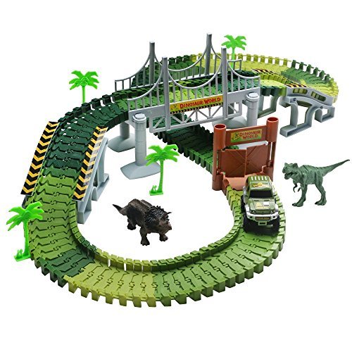 Book Cover Lydaz Race Track Dinosaur World Bridge Create A Road 142 Piece Toy Car & Flexible Track Playset Toy Cars, 2 Dinosaurs