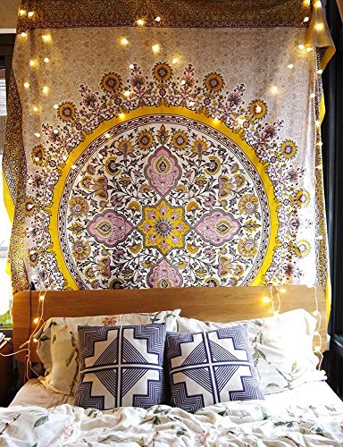 Book Cover Sketched Floral Medallion Tapestry Gold Indian Headboard Wall Hanging Home Decor,60