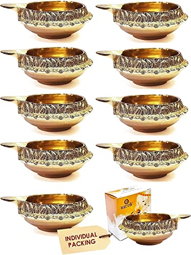 SATVIK Set of 10 - Pure Brass Kuber Diya for Diwali Decoration | Traditional Puja Oil Lamp for Home Temple | Brass Diya for Diwali Pooja & Festive Use