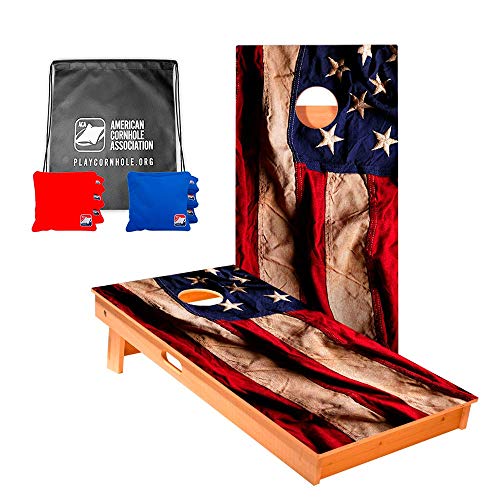 ACA American Cornhole Association - 2x4 Star Patriotic Professional Cornhole Boards - American Flag Cloth with Corn Filled red and Royal Bags and Nylon Tote