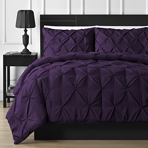 Book Cover Comfy Bedding Double Needle Durable Stitching 3-Piece Pinch Pleat Comforter Set All Season Pintuck Style, California King, Plum