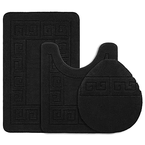 Pauwer Bathroom Rug Sets 3 Piece Non Slip Bath Mat, Contour Mat and Toilet Lid Cover Water Absorbent Bathroom Mats Washable Shower Mats Bath Rug Mat for Tub Shower and Bathroom, Black