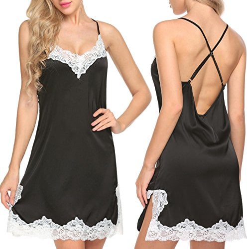 Book Cover Langle Womens Sleepwear Satin Lace Chemise Nightgowns Sexy Nightwear Lingerie Slips S-XXL