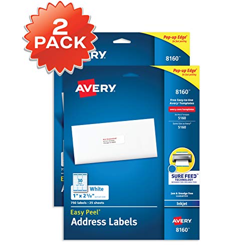 Avery Address Labels with Sure Feed for Inkjet Printers, 1" x 2-5/8", 1,500 Labels, Permanent Adhesive (2 packs 8160)