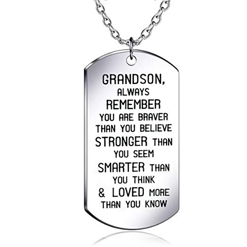 danjie to My Grandson Dog Tag Military Stainless Steel Pendant Necklace Grandson Always Remember You are Braver Stronger Smarter Than You Think
