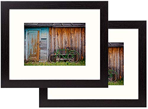 Book Cover Frametory, Black Wood Grain Finish Looking Photo Frame with Ivory Color Mat & Real Glass (Pack of 2, 8x10 for 5x7 Picture)