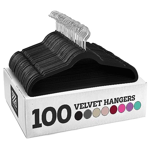 Zober Velvet Hangers 100 Pack - Heavy Duty Black Hangers for Coats, Pants & Dress Clothes - Non Slip Clothes Hanger Set - Space Saving Felt Hangers for Clothing