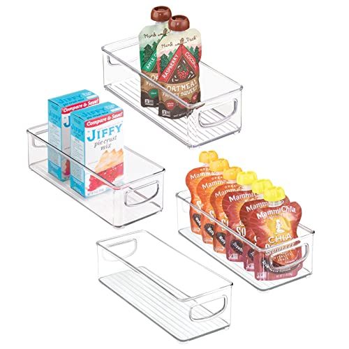 mDesign Plastic Stackable Small Organizing Bin Kitchen Pantry Cabinet, Refrigerator, Freezer Food Organization Storage Bins with Handles, Drawer Container Organizer, Ligne Collection, 4 Pack - Clear