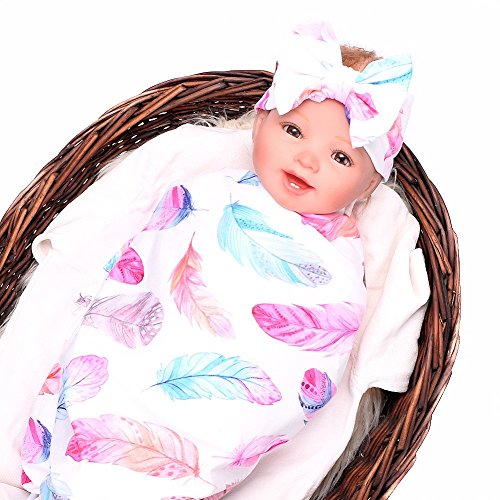 Book Cover Baby Sleep Swaddle Blanket Large and Bow Headband Set 47 inch X 47 inch Feather