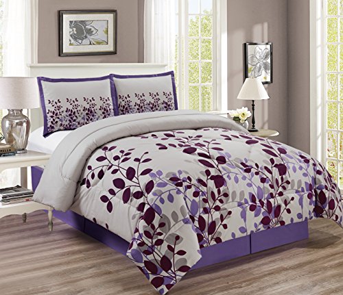 Book Cover Grand Linen 4-Piece Fine Printed Comforter Set Reversible Soft Down Alternative Bedding King (Purple, Lilac, Grey)