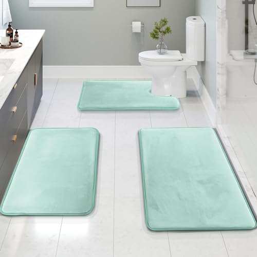 Clara Clark Memory Foam Bath Mat Ultra Soft Non Slip and Absorbent Bathroom Rug, Set of 3 - Small/Large/Contour, Aqua Light Blue, 3 Count