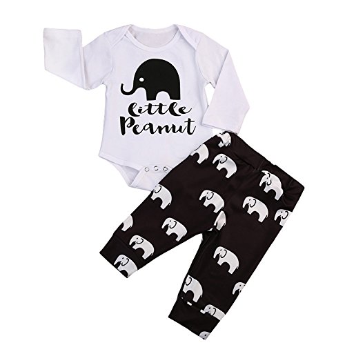 Book Cover Newborn Baby Boy Girl 2Pcs Set Outfit Long Sleeve Peanuts Romper Bodysuit and Elephant Long Pants (0-3 Months, White+Brown)