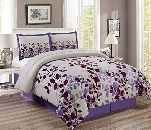 Book Cover 4-Piece Fine Printed Comforter Set Reversible Soft Down Alternative Bedding Queen (Purple, Lilac, Grey)