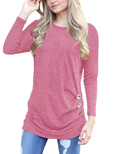 OURS Women's Casual Long Sleeve Round Neck Loose Sweater Hoodies (L, Pink)
