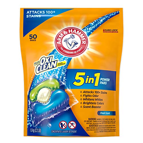 Book Cover Arm & Hammer Plus OxiClean HE 5-in-1 Laundry Detergent Power Paks, 50 Count (Packaging may vary)