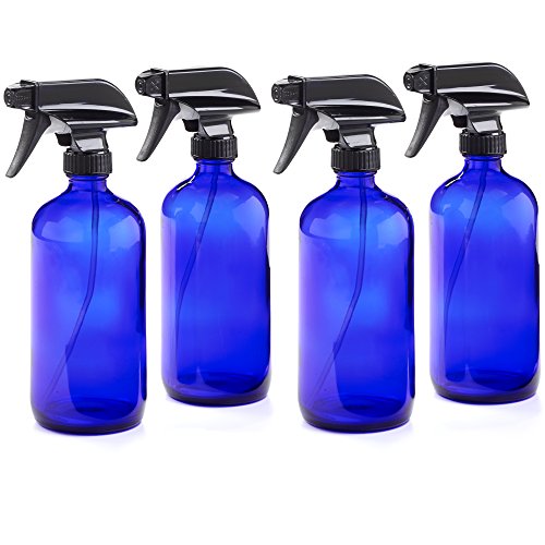 16oz Empty Cobalt Blue Glass Spray Bottles w/Labels and Caps- Mist & Stream Sprayer - Boston Round Heavy Duty Bottle - For Essential Oils, Cleaning, Kitchen, Hair, Perfumes (4 Pack)