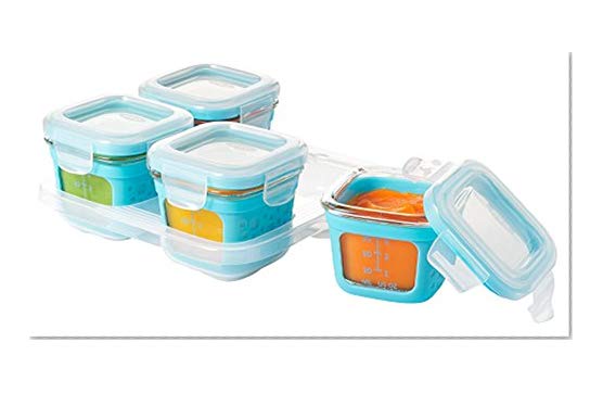 Book Cover OXO Tot Glass Baby Blocks Food Storage Containers with Silicone Sleeves, Aqua, 4 oz