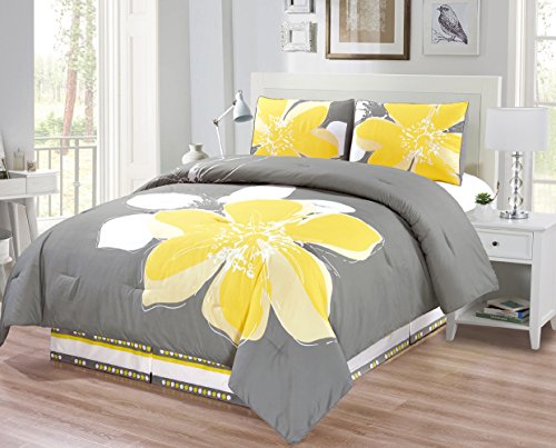 Book Cover 4-Piece Fine Printed Comforter Set Reversible Soft Down Alternative Bedding Queen (Yellow, Grey, White)