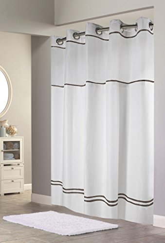 Book Cover Hookless Escape Shower Curtain with SNAP-in Liner, White with Brown Stripe, 71 in. X 77 in.