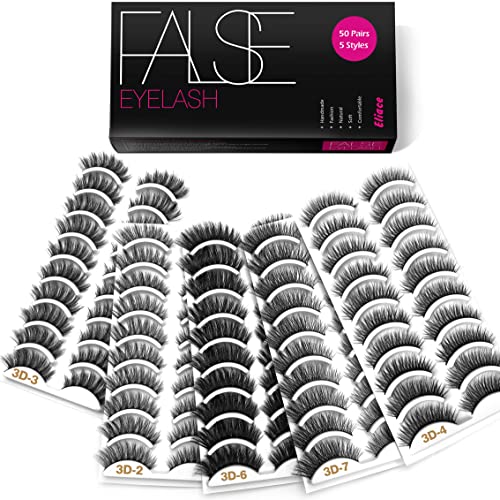 Eliace Eyelashes, 50 Pairs 5 Styles 3D Faux Mink Lashes Natural Look Wispy Fluffy Handmade Cat False Eyelashes Set Professional Fake Eyelashes Pack