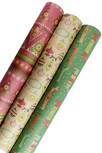 Holiday Retro Printed Kraft Wrapping Paper (Dog Santas-Christmas Space Ornaments-Pink Xmas Trees)