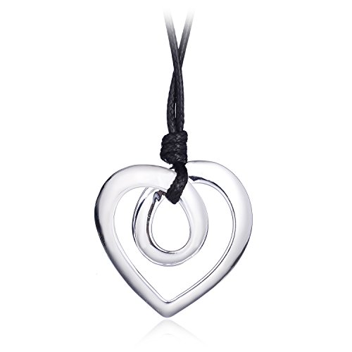 welbijoux Heart Shape Long Pendant Necklace Silver Plated Black PU Leather Rope Long Chain Necklace for Women Teens Girl