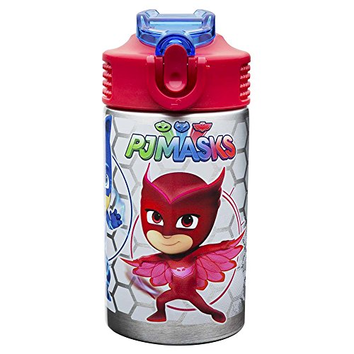 Book Cover Zak Designs PJ Masks 15.5oz Stainless Steel Kids Water Bottle with Flip-up Straw Spout - BPA Free Durable Design, PJ Masks SS