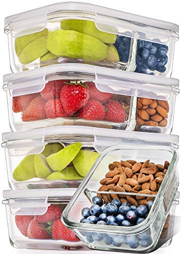 Book Cover Prep Naturals Glass Meal Prep Containers Glass 2 Compartment 5 Pack - Glass Food Storage Containers - Glass Storage Containers with Lids - Divided Glass Cupcake Carriers 29 Ounce