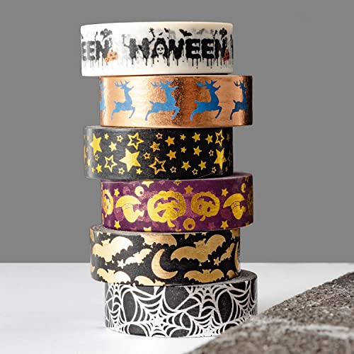 Piokio 6 Rolls Gold and Black Foil Halloween Washi Tape Set Total 197 Feet