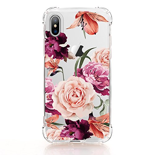 LUOLNH iPhone X Case,iPhone XS Case with flowers, Slim Shockproof Clear Floral Pattern Soft Flexible TPU Back Cover case for iPhone X /iPhone XS 5.8 inch (Purple Rose)