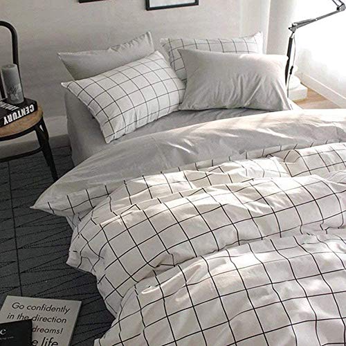 Book Cover VClife Twin Duvet Cover Set Cotton Bedding Set for Boy Teen Men Girl Woman with 2 Pillow Shams Grey White Checkered Style