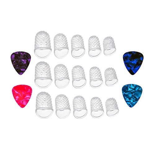 Book Cover Vancool 15pcs Clear Guitar Fingertip Protectors in 5 Sizes Silicone for Guitar,Ukulele, 4 Guitar Picks Added for Gift
