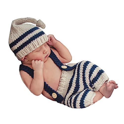 ISOCUTE Newborn Photography Props Baby Boy First Picture Outfit Photoshoot Shower Gifts Crochet Knitted Overalls Set 0-3 Month
